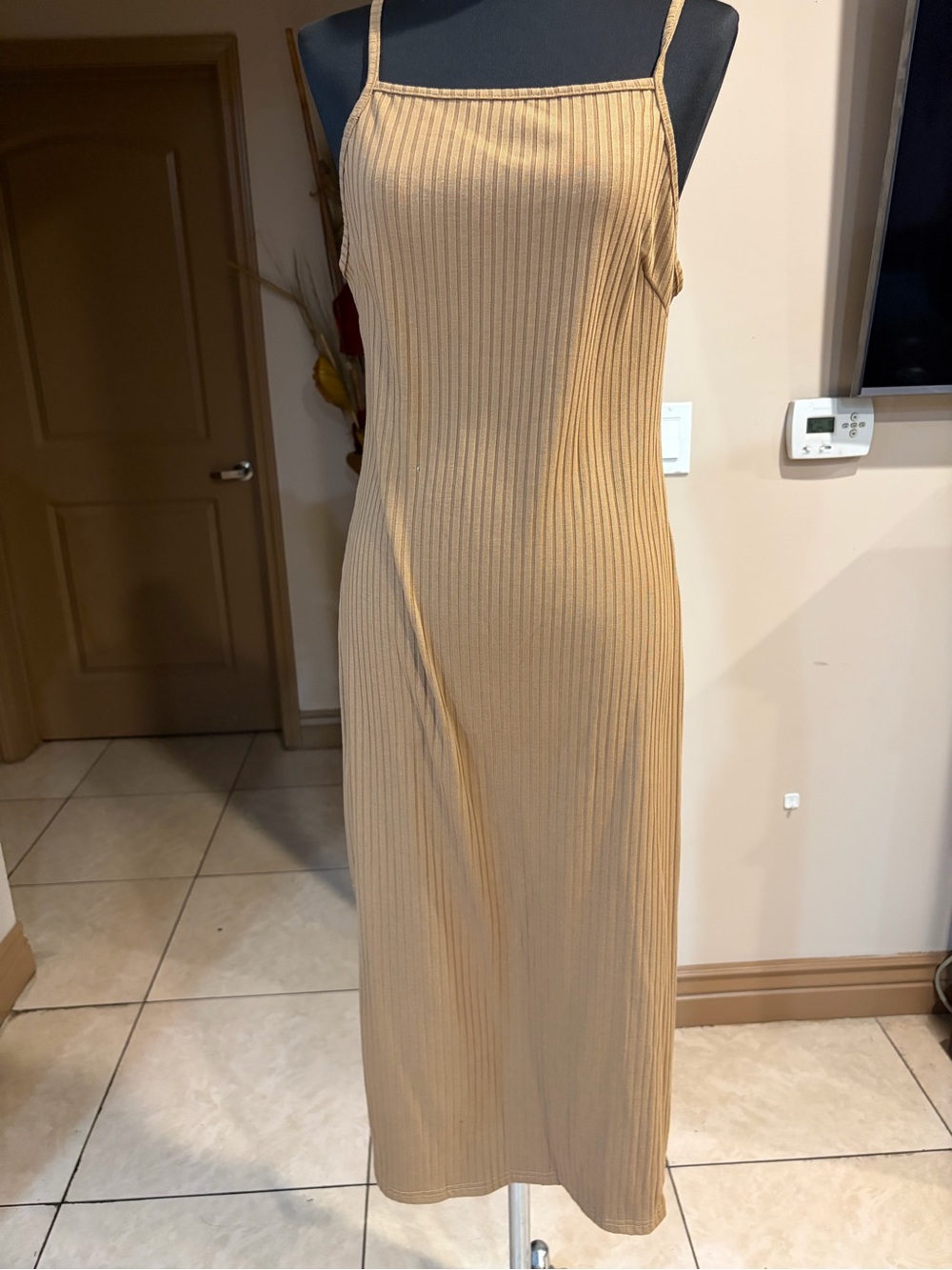 Sleek Ribbed Slip Dress in Camel